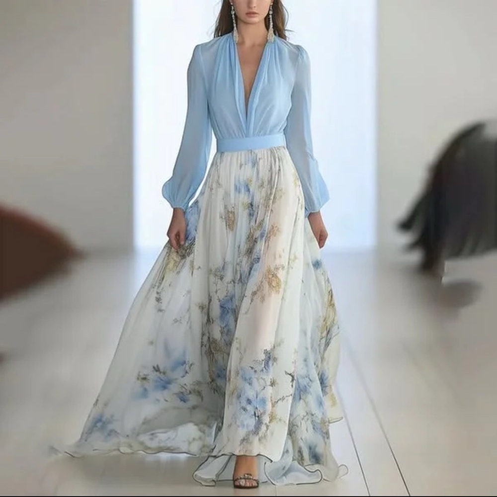 Elegant Blue and White Floral Maxi Dress